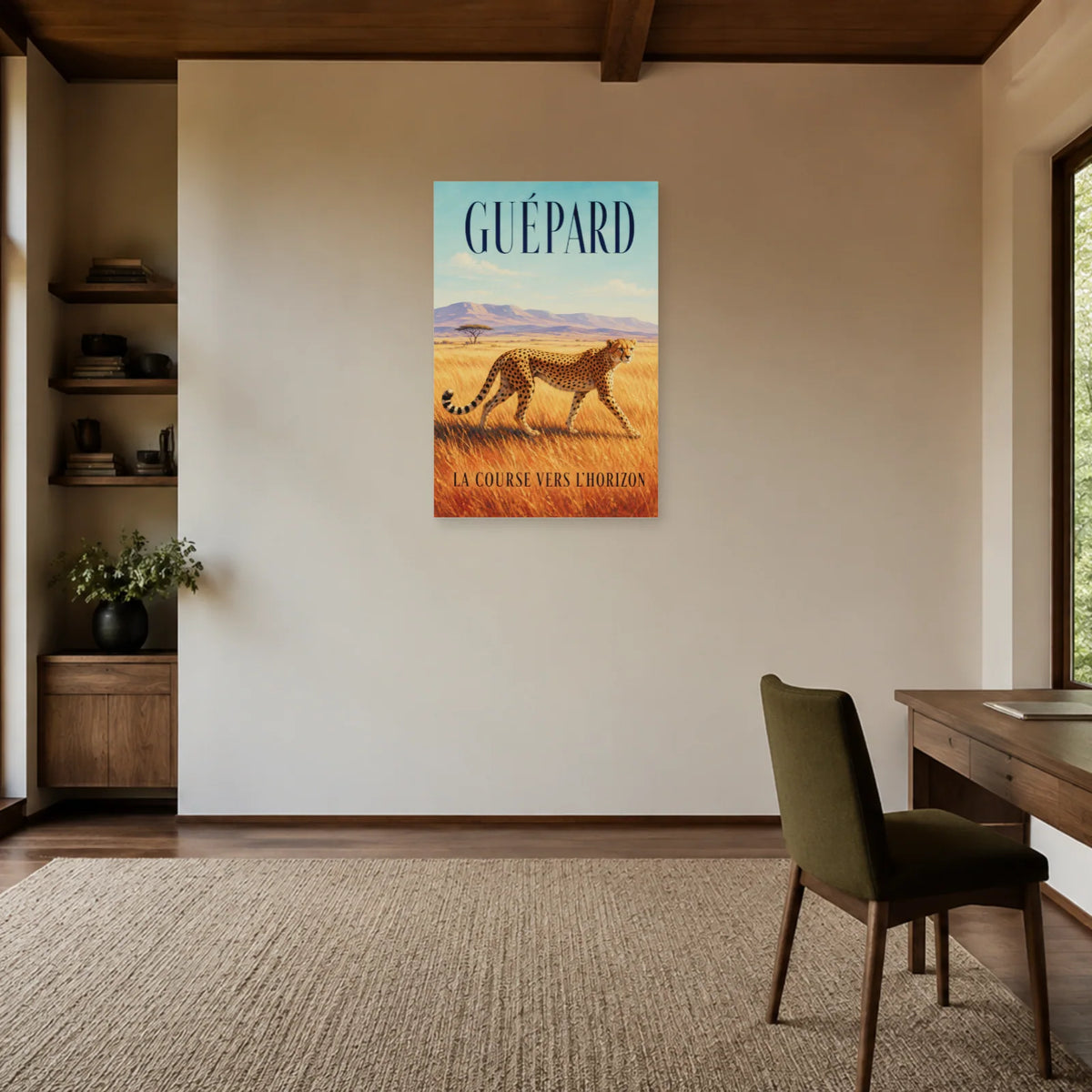 Affiche Guépard, la course vers l’horizon dans un bureau - Art Virtuoso