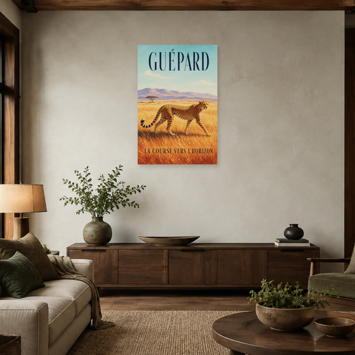 Affiche Guépard, la course vers l’horizon dans un salon - Art Virtuoso