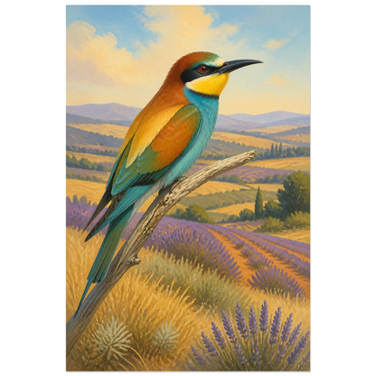 Affiche Guêpier d’Europe en Provence, illustration régionale en gouache au langage d’affiche de voyage verticale, format 60 × 90 cm