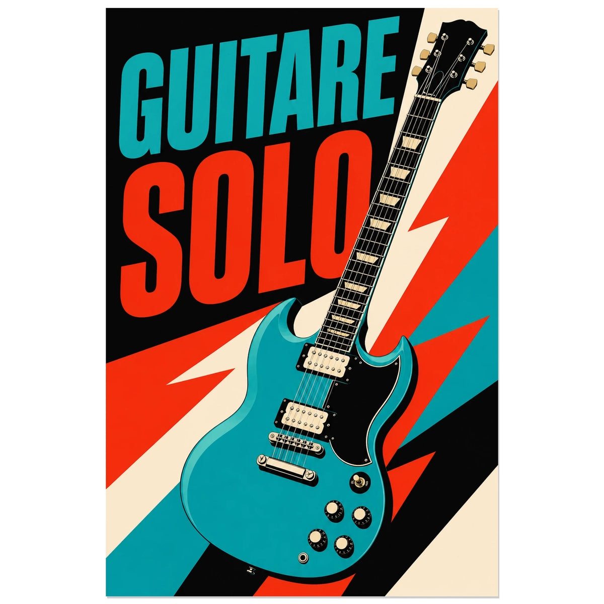 Affiche Guitare électrique – Solo, affiche pop graphique à fort contraste verticale, format 40 × 60 cm