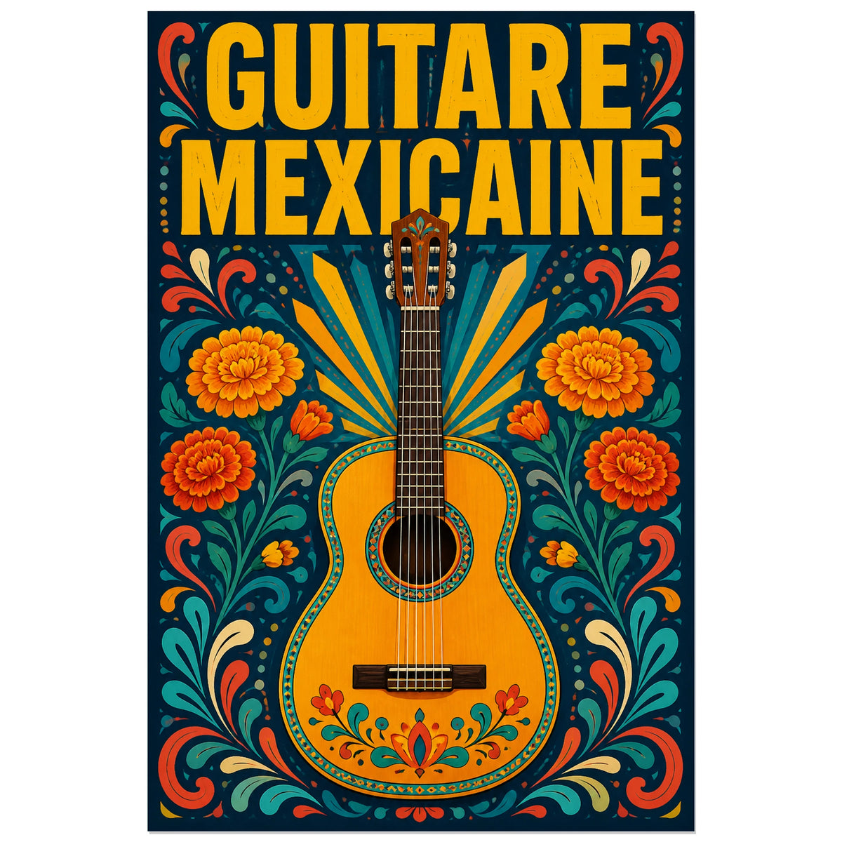 Affiche Guitare mexicaine, illustration folklorique mexicaine coloree verticale, format 30 × 45 cm