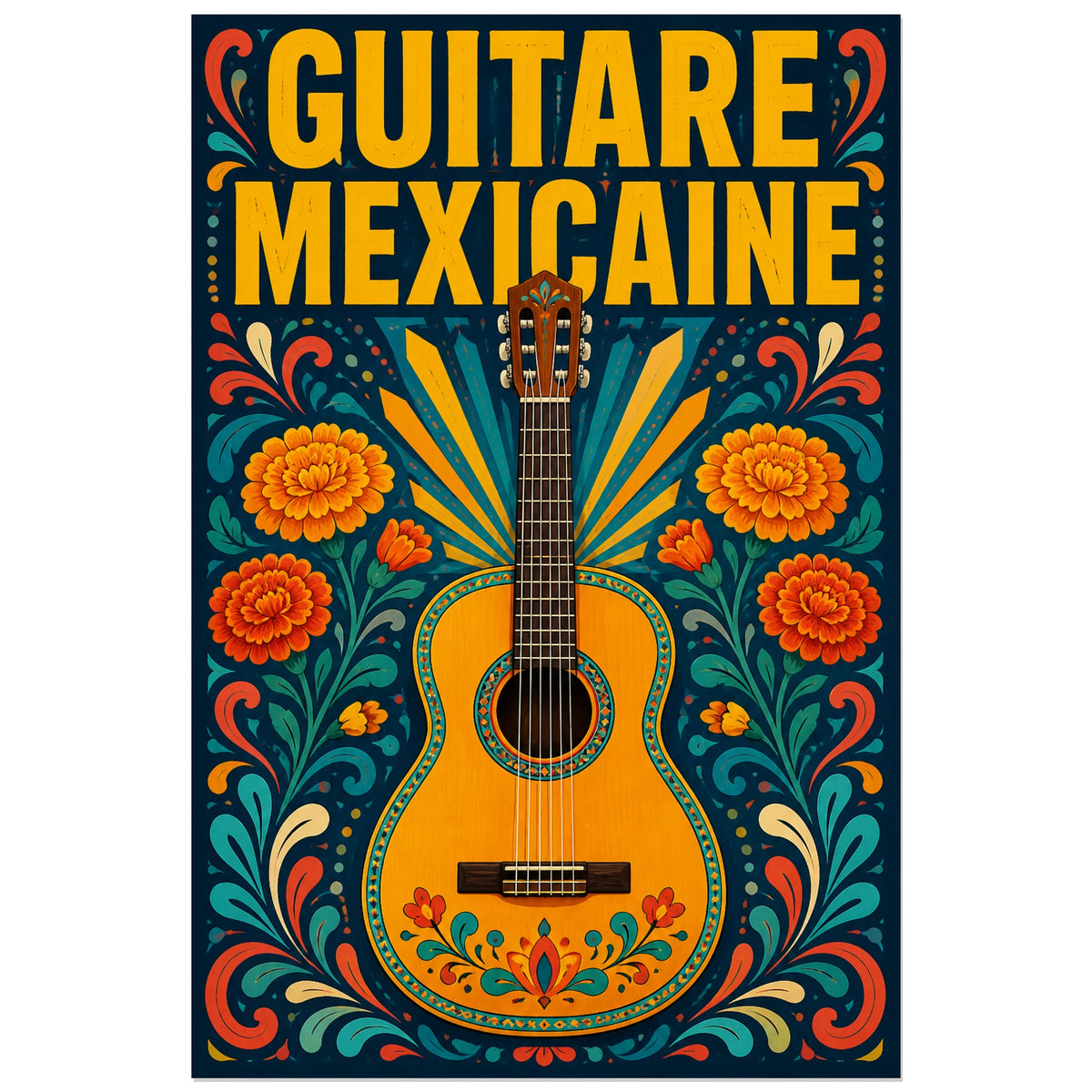 Affiche Guitare mexicaine, illustration folklorique mexicaine coloree verticale, format 40 × 60 cm