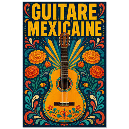 Affiche Guitare mexicaine, illustration folklorique mexicaine coloree verticale, format 40 × 60 cm