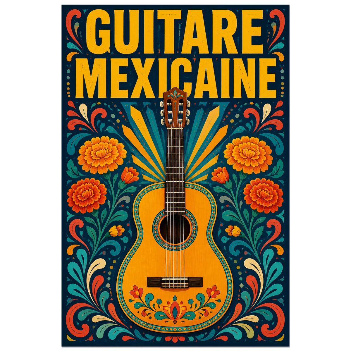 Affiche Guitare mexicaine, illustration folklorique mexicaine coloree verticale, format 60 × 90 cm