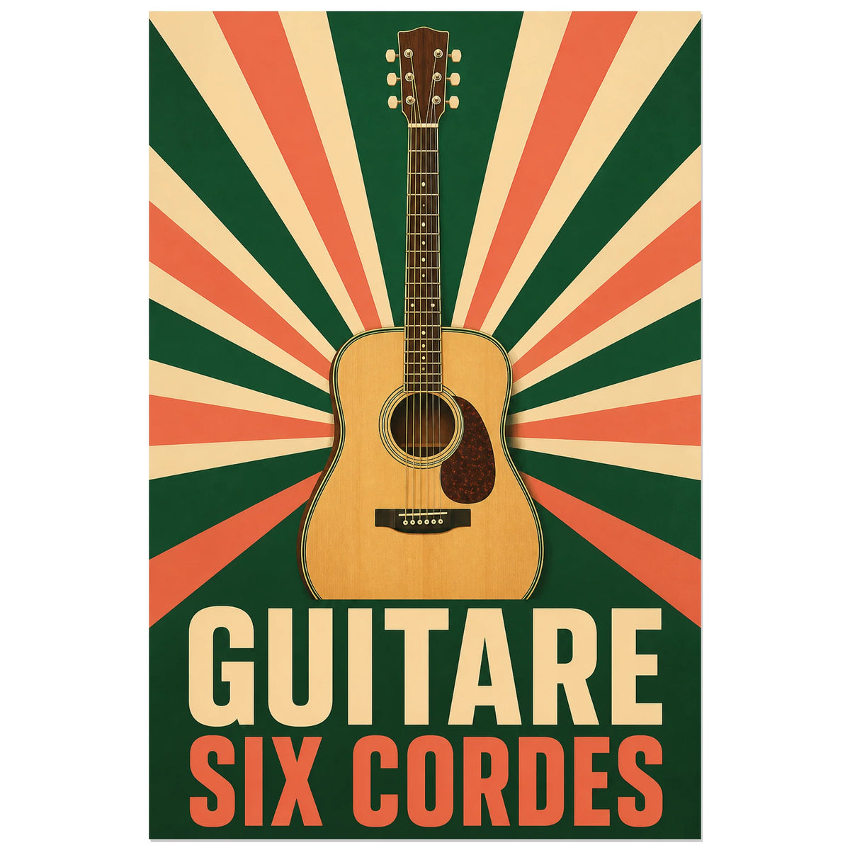 Affiche Guitare – Six cordes, affiche vintage graphique à rayons verticale, format 60 × 90 cm