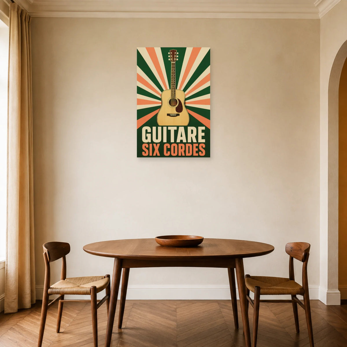 Affiche Guitare – Six cordes dans une salle à manger - Art Virtuoso