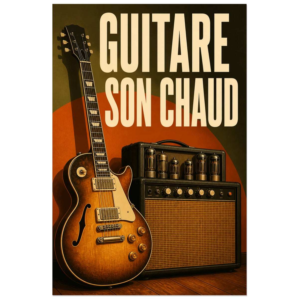 Affiche Guitare vintage – Son chaud, illustration réaliste néo-rétro verticale, format 30 × 45 cm