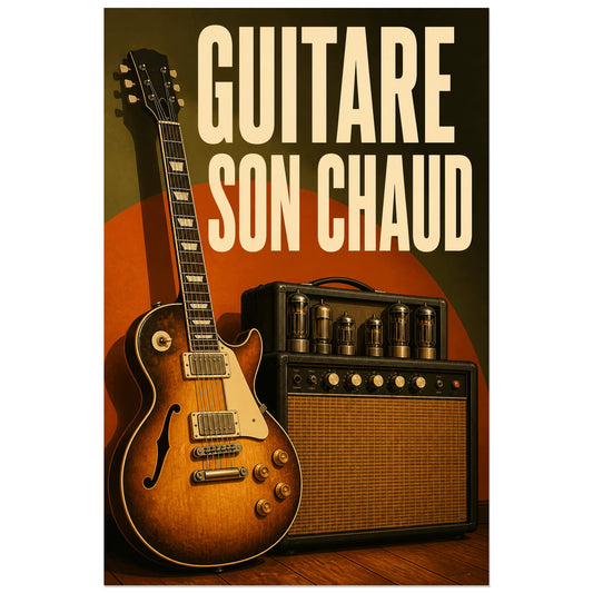 Affiche Guitare vintage – Son chaud, illustration réaliste néo-rétro verticale, format 30 × 45 cm