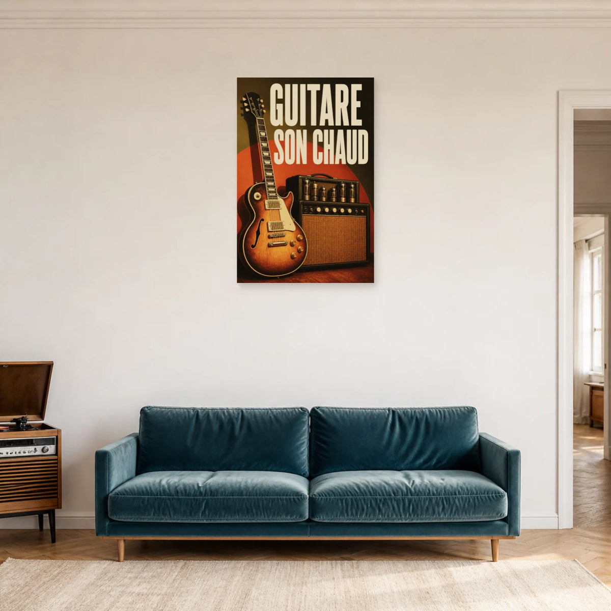 Affiche Guitare vintage – Son chaud dans un salon - Art Virtuoso