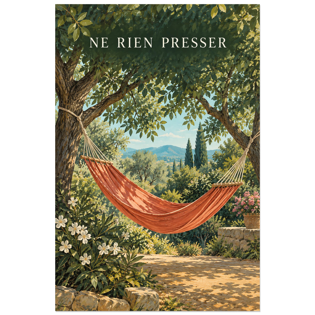 Hamac corail vide entre deux arbres dans un jardin fleuri, affiche 30 × 45 cm