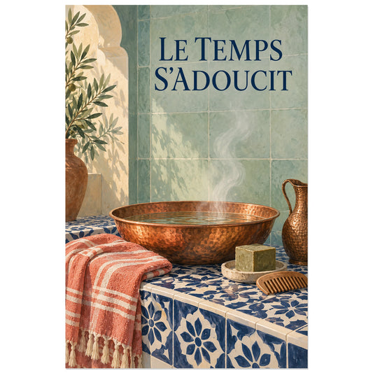 Bol de cuivre et serviette corail sur carreaux bleus, visuel 30 × 45 cm