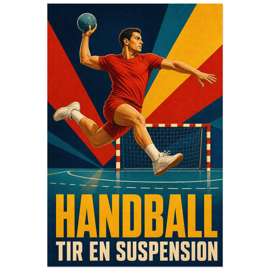 Joueur de handball en l'air devant un but, affiche 30 × 45 cm