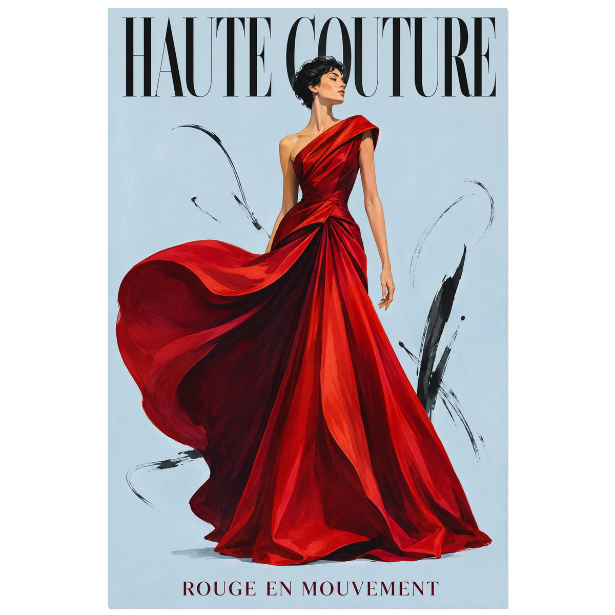 Affiche Haute couture, rouge en mouvement, dessin de mode éditorial, gouache et accents d'encre verticale, format 30 × 45 cm