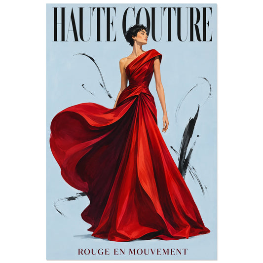 Affiche Haute couture, rouge en mouvement, dessin de mode éditorial, gouache et accents d'encre verticale, format 30 × 45 cm