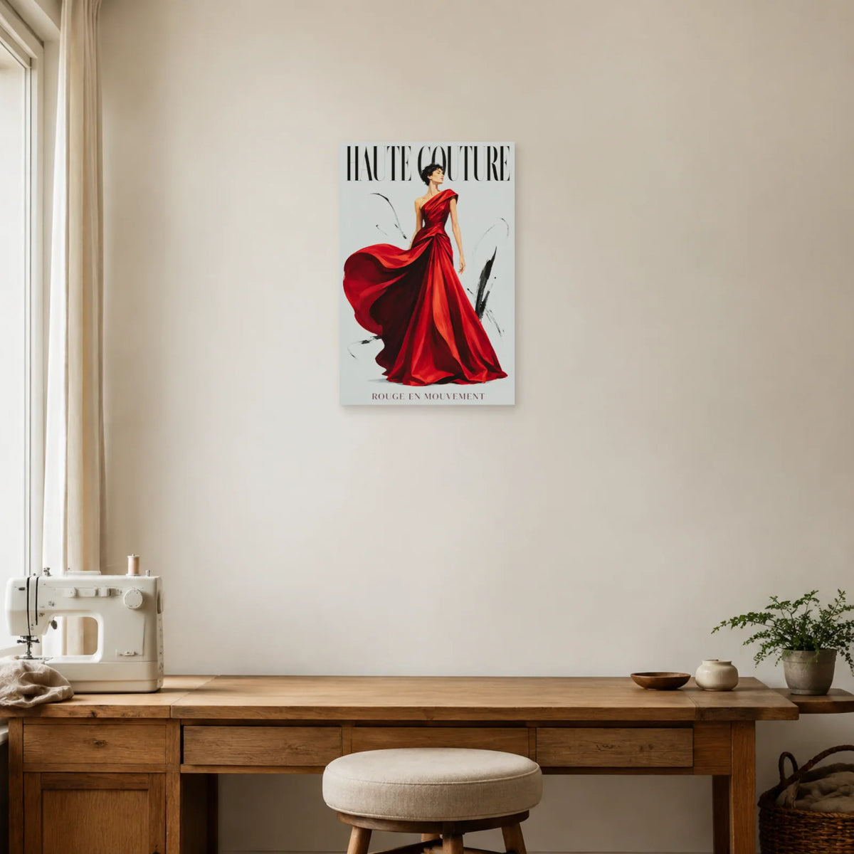 Affiche Haute couture, rouge en mouvement dans un bureau - Art Virtuoso