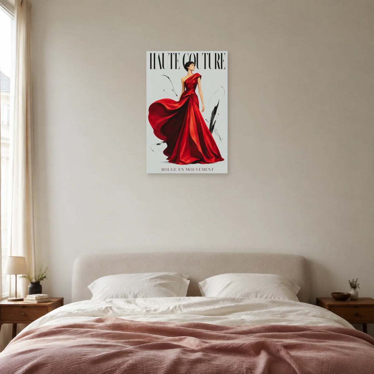 Affiche Haute couture, rouge en mouvement dans une chambre - Art Virtuoso