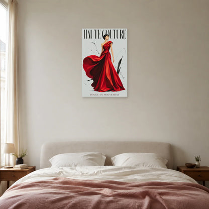 Affiche Haute couture, rouge en mouvement dans une chambre - Art Virtuoso