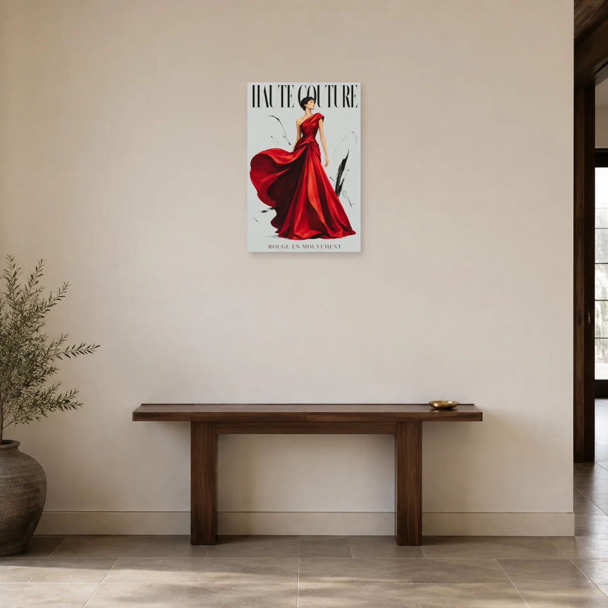 Affiche Haute couture, rouge en mouvement dans une entrée ou un couloir - Art Virtuoso