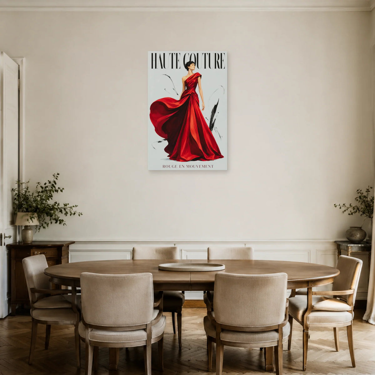 Affiche Haute couture, rouge en mouvement dans une salle à manger - Art Virtuoso