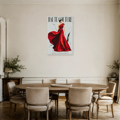 Affiche Haute couture, rouge en mouvement dans une salle à manger - Art Virtuoso