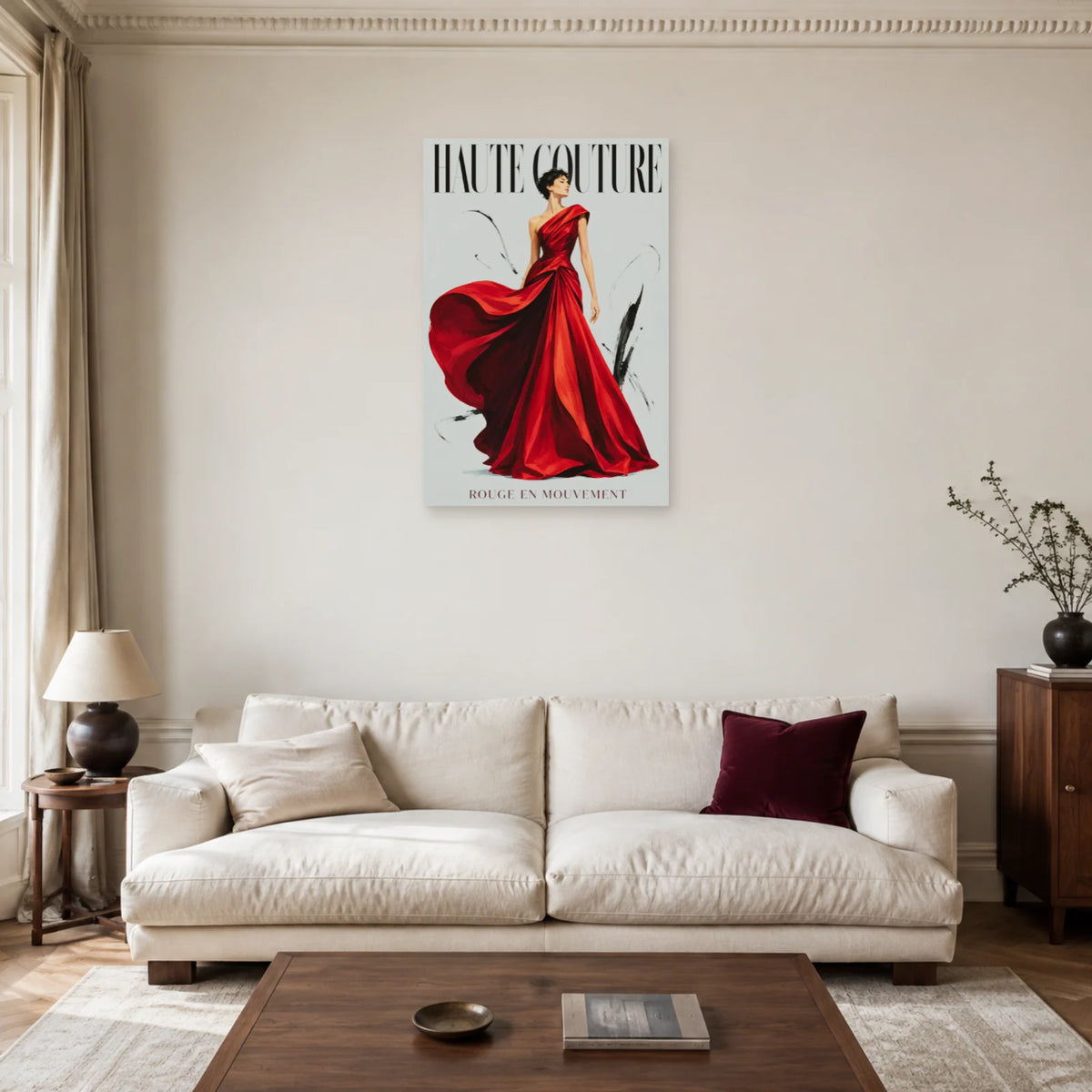 Affiche Haute couture, rouge en mouvement dans un salon - Art Virtuoso