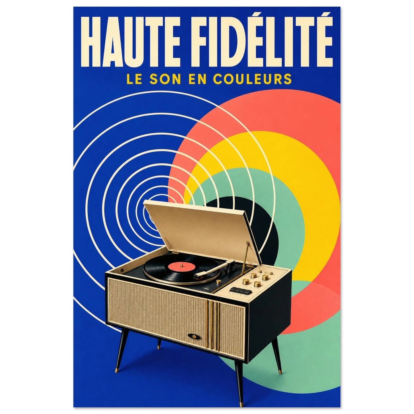 Affiche Haute Fidélité – Le Son en Couleurs, illustration graphique verticale, format 40 × 60 cm