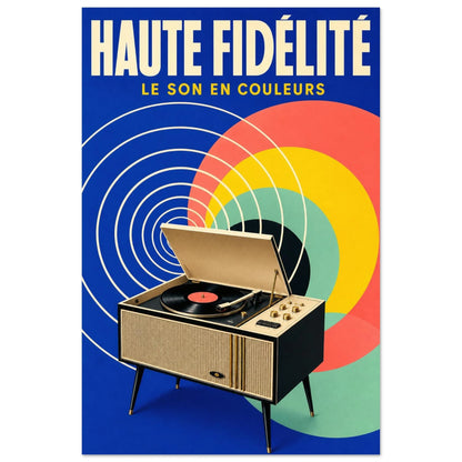 Affiche Haute Fidélité – Le Son en Couleurs, illustration graphique verticale, format 60 × 90 cm