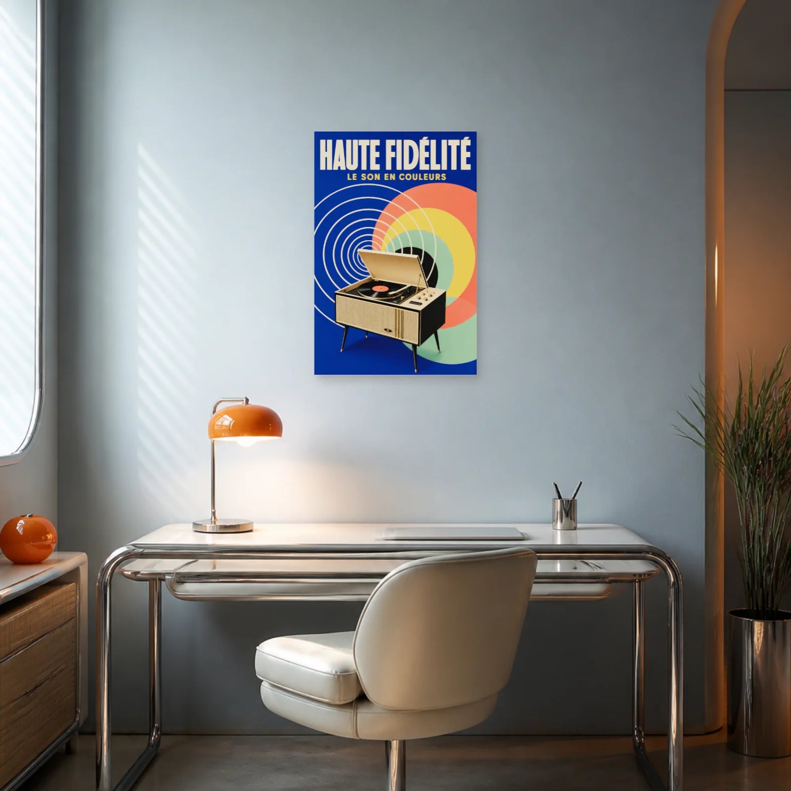 Affiche Haute Fidélité – Le Son en Couleurs dans un bureau - Art Virtuoso