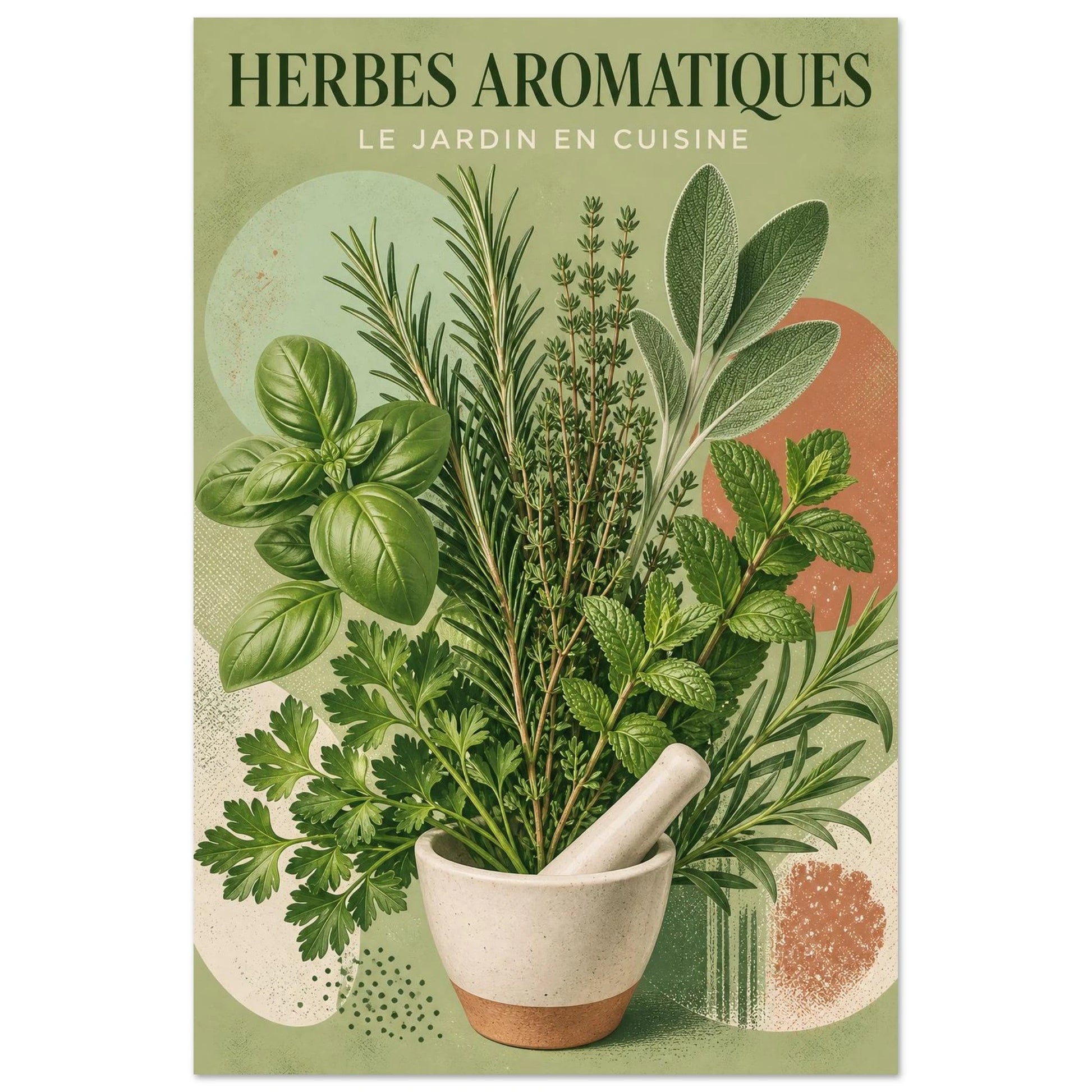 Affiche Herbes Aromatiques – Le Jardin en Cuisine, sérigraphie illustrée verticale, format 30 × 45 cm
