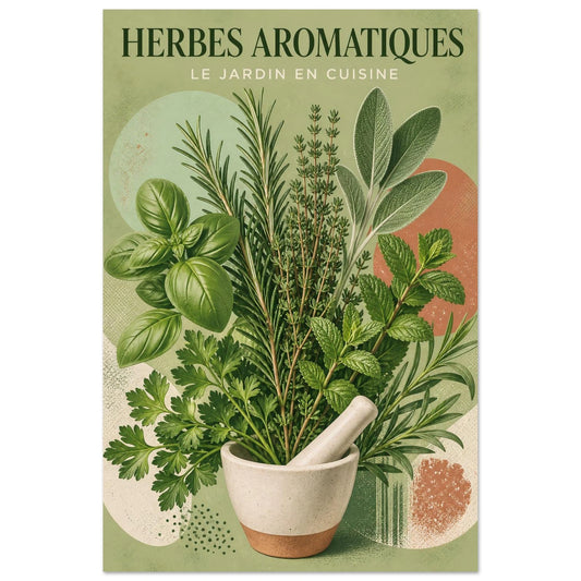 Affiche Herbes Aromatiques – Le Jardin en Cuisine, sérigraphie illustrée verticale, format 30 × 45 cm