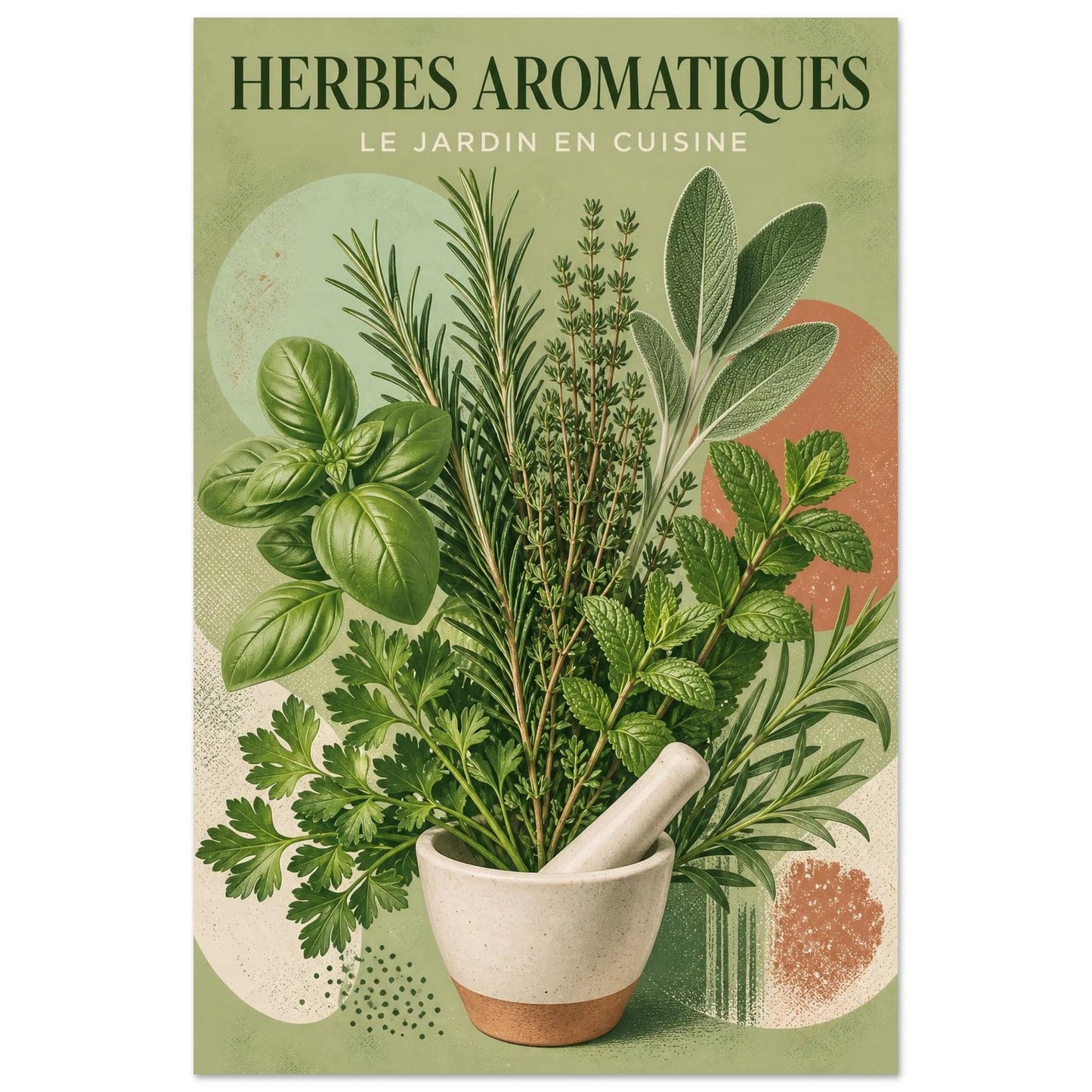 Affiche Herbes Aromatiques – Le Jardin en Cuisine, sérigraphie illustrée verticale, format 40 × 60 cm