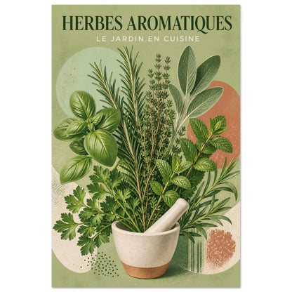 Affiche Herbes Aromatiques – Le Jardin en Cuisine, sérigraphie illustrée verticale, format 60 × 90 cm