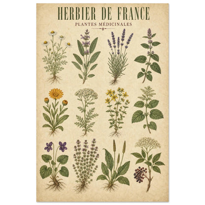 Affiche Herbier de France – Plantes Médicinales, aquarelle illustrée verticale, format 60 × 90 cm