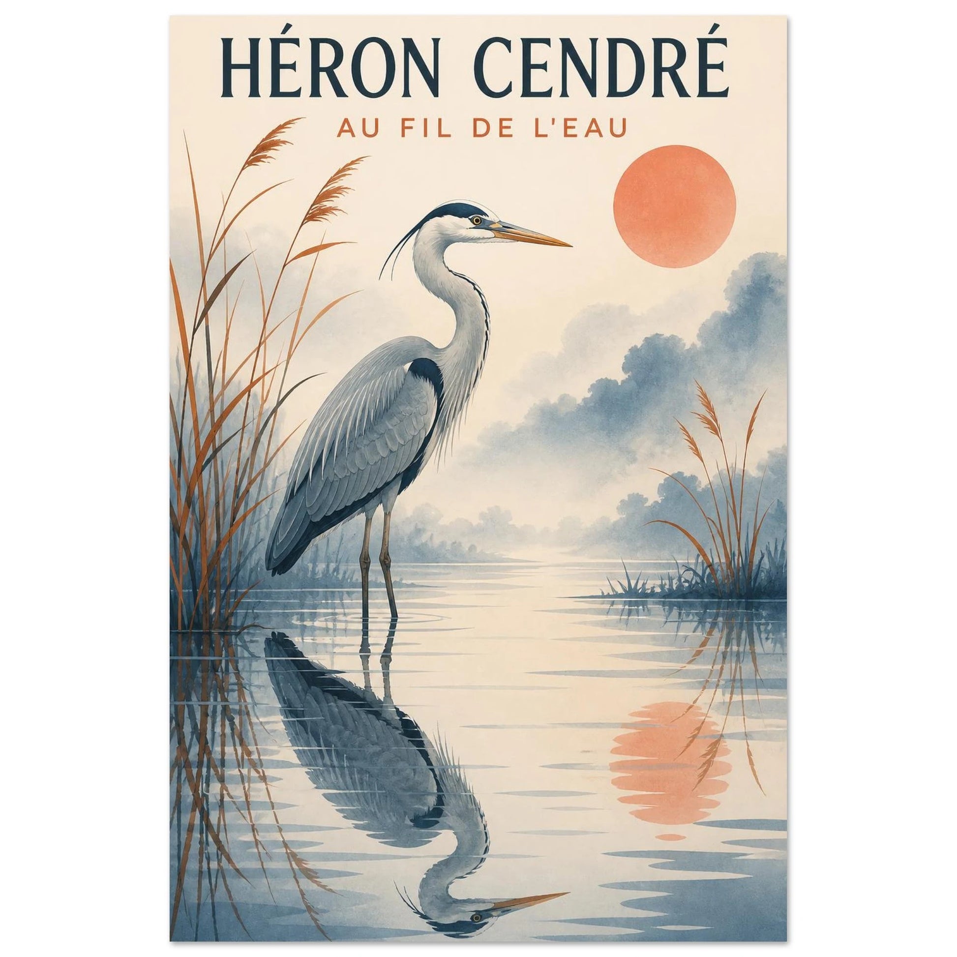 Affiche Héron Cendré – Au Fil de l'Eau, gouache contemporaine verticale, format 30 × 45 cm
