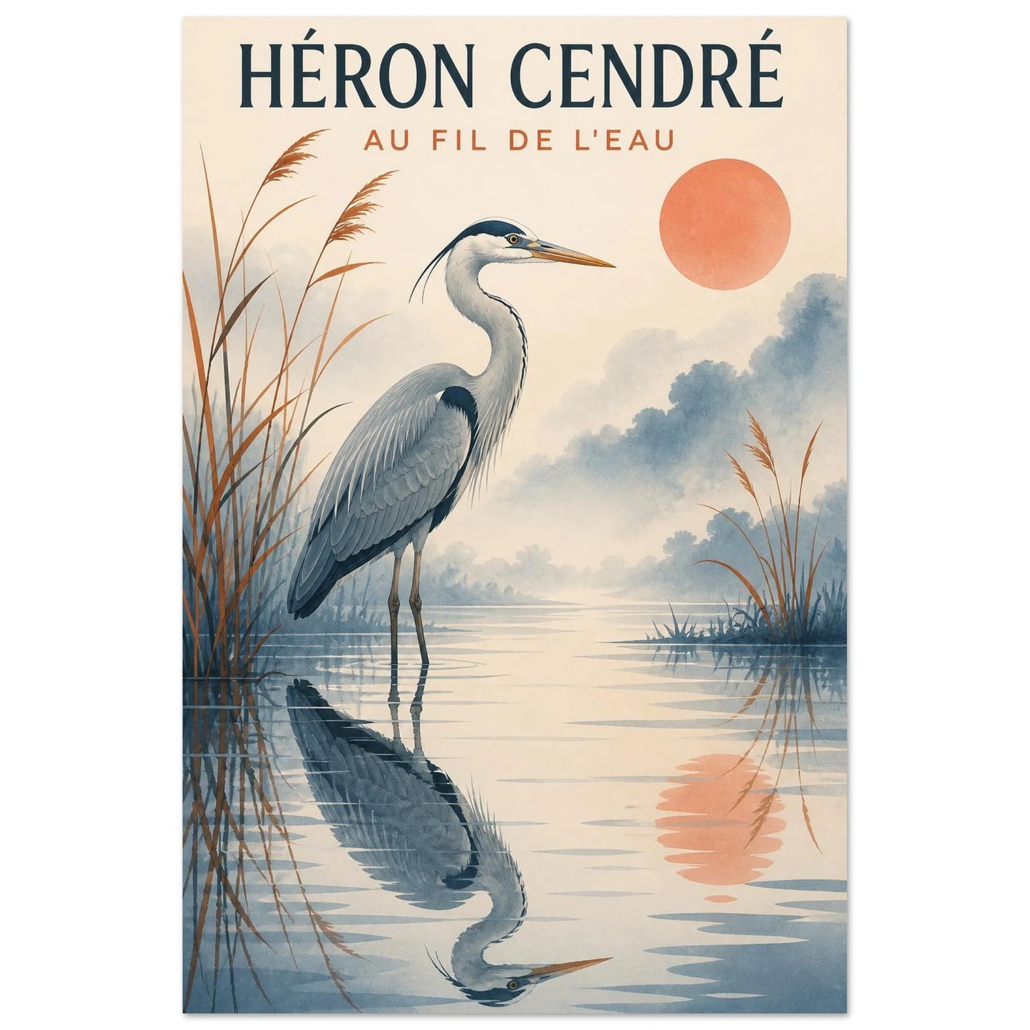 Affiche Héron Cendré – Au Fil de l'Eau, gouache contemporaine verticale, format 40 × 60 cm