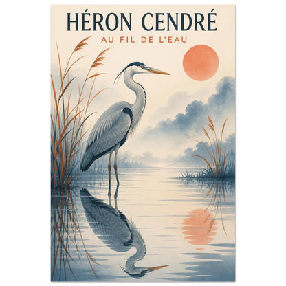 Affiche Héron Cendré – Au Fil de l'Eau, gouache contemporaine verticale, format 60 × 90 cm