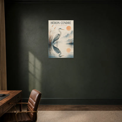 Affiche Héron Cendré – Au Fil de l’Eau dans un bureau - Art Virtuoso