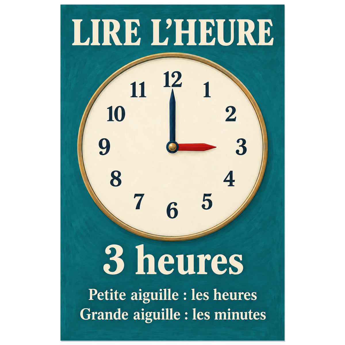 Horloge illustrée à trois heures pile, affiche 30 × 45 cm