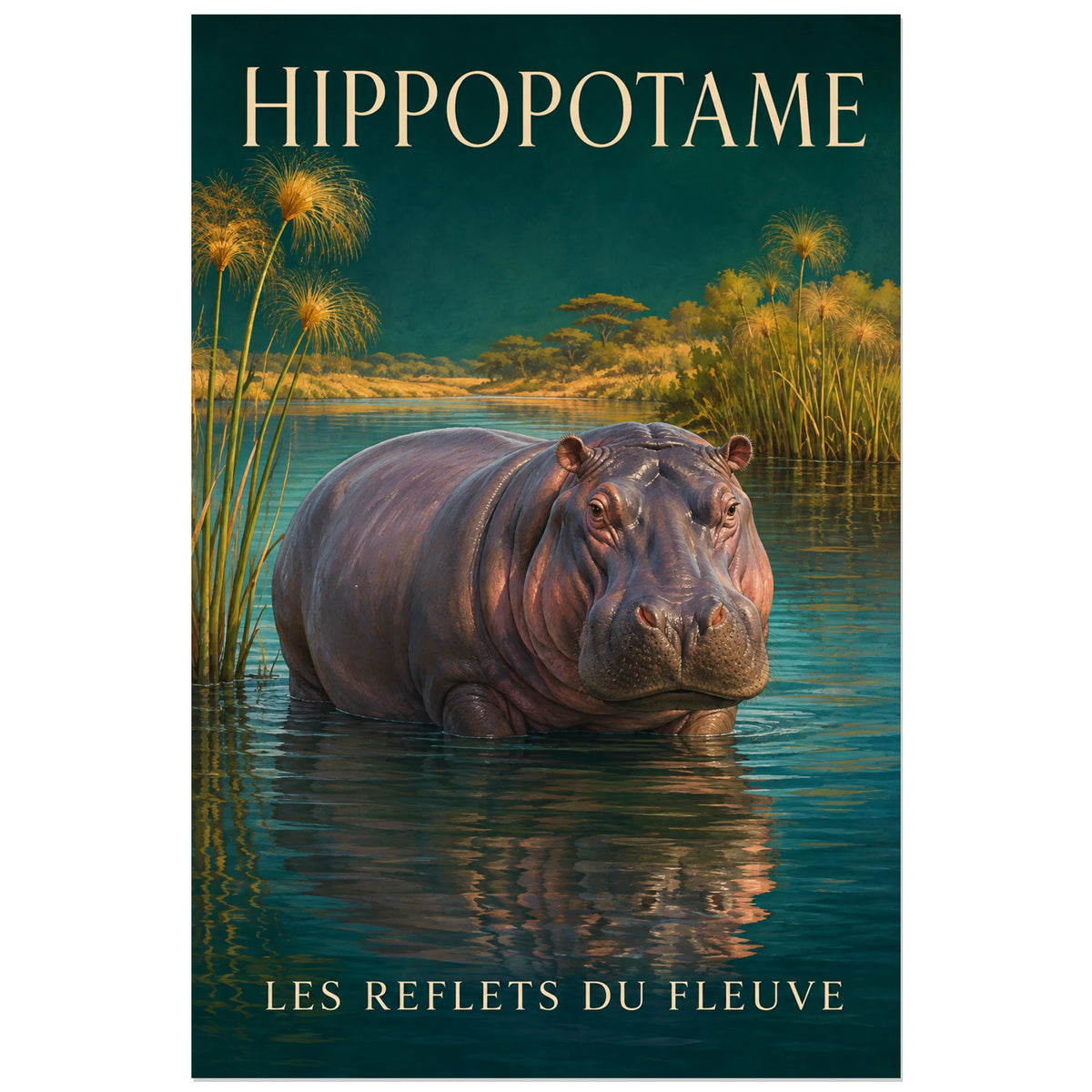 Affiche Hippopotame, les reflets du fleuve, illustration naturaliste peinte à typographie intégrée verticale, format 30 × 45 cm