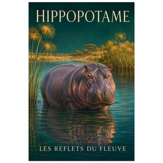 Affiche Hippopotame, les reflets du fleuve, illustration naturaliste peinte à typographie intégrée verticale, format 30 × 45 cm