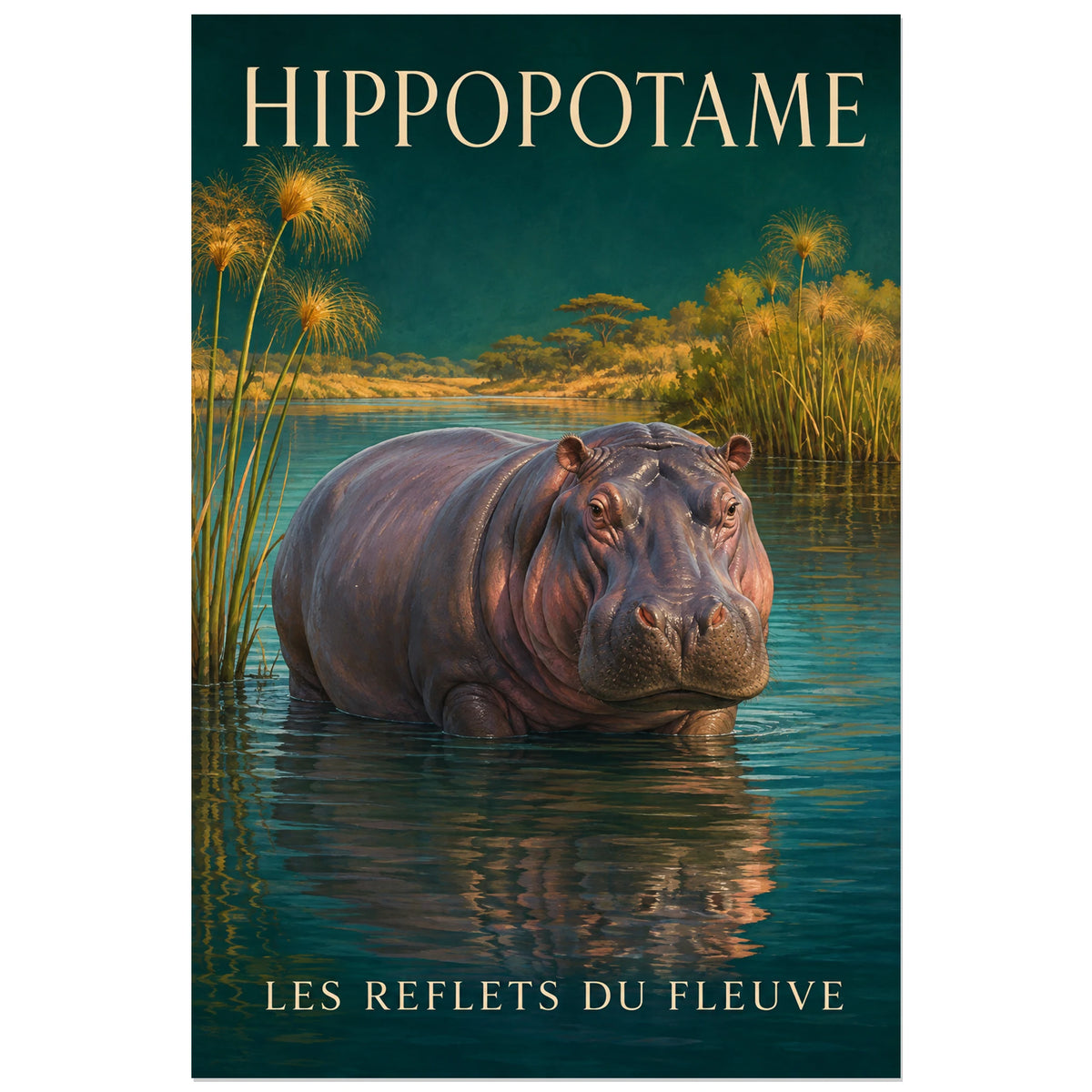 Affiche Hippopotame, les reflets du fleuve, illustration naturaliste peinte à typographie intégrée verticale, format 40 × 60 cm