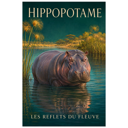 Affiche Hippopotame, les reflets du fleuve, illustration naturaliste peinte à typographie intégrée verticale, format 40 × 60 cm