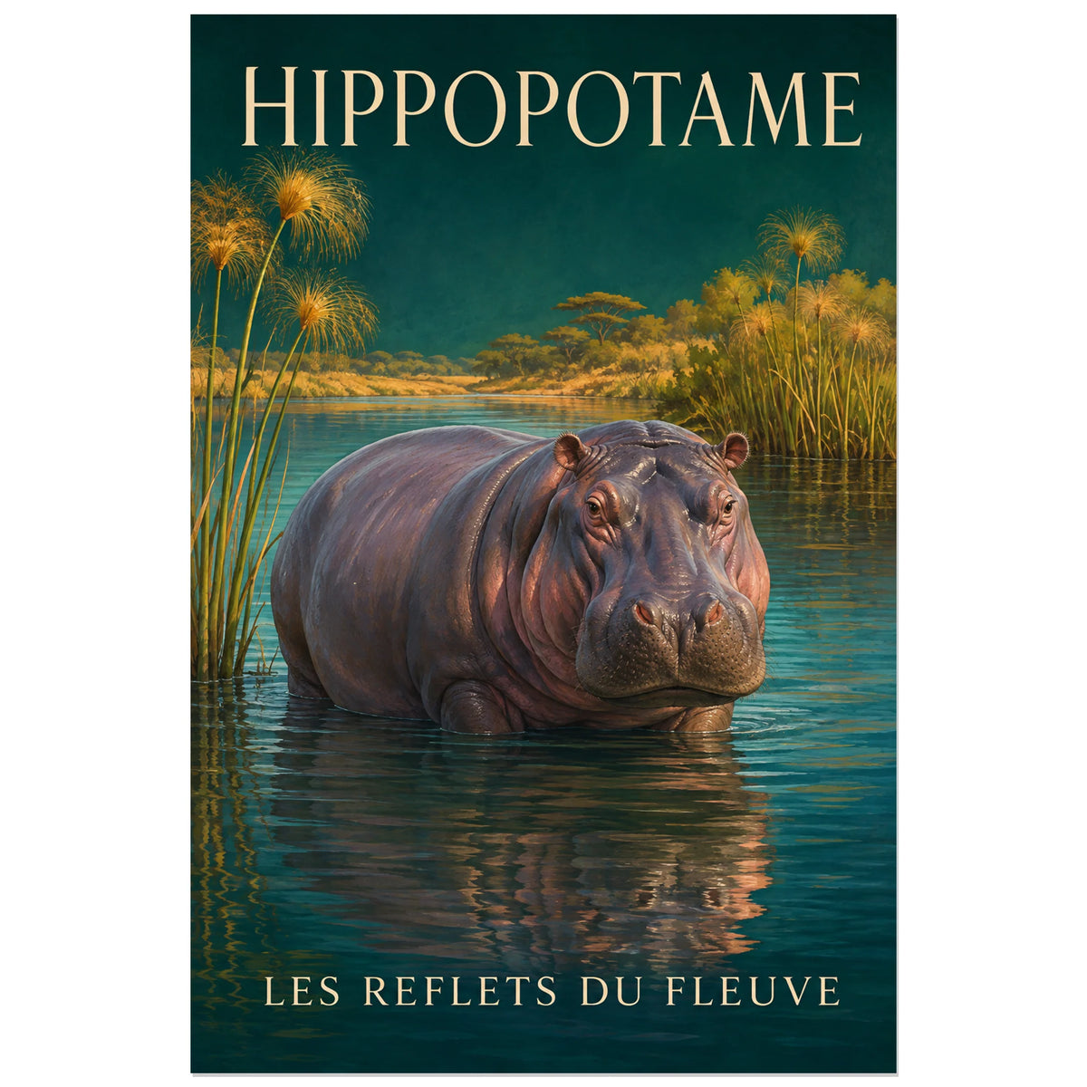 Affiche Hippopotame, les reflets du fleuve, illustration naturaliste peinte à typographie intégrée verticale, format 60 × 90 cm