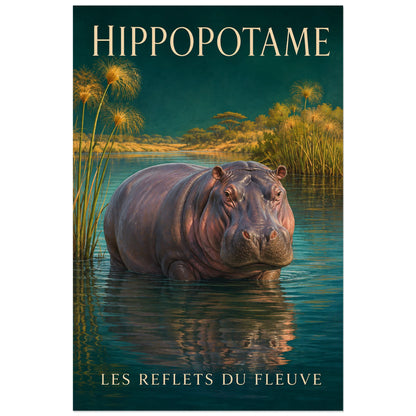 Affiche Hippopotame, les reflets du fleuve, illustration naturaliste peinte à typographie intégrée verticale, format 60 × 90 cm