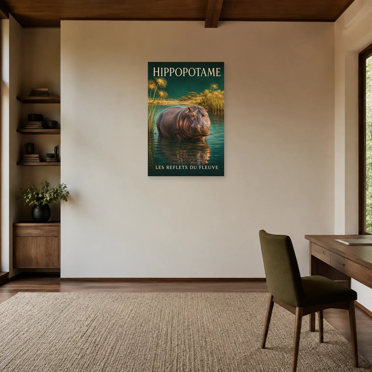 Affiche Hippopotame, les reflets du fleuve dans un bureau - Art Virtuoso