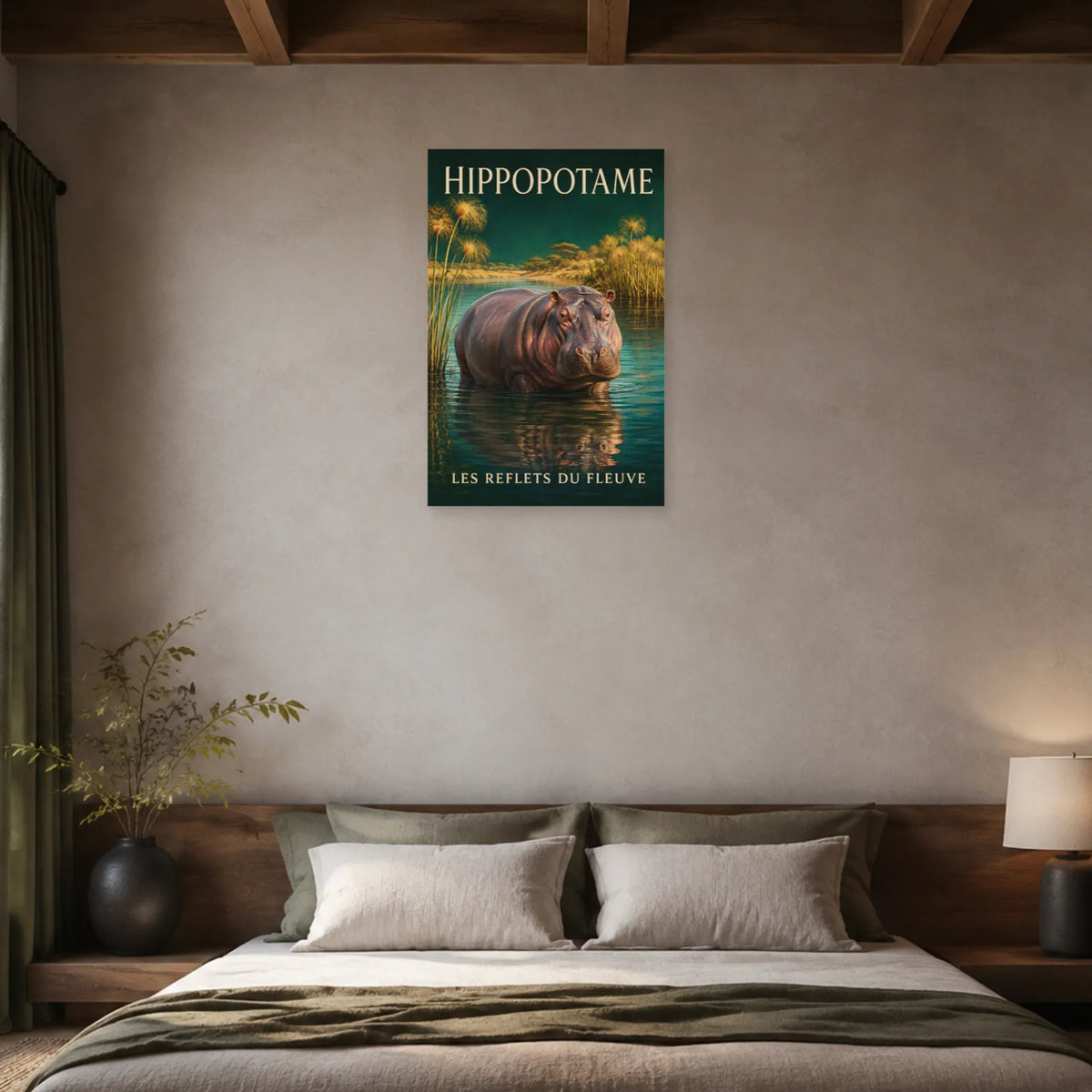 Affiche Hippopotame, les reflets du fleuve dans une chambre - Art Virtuoso