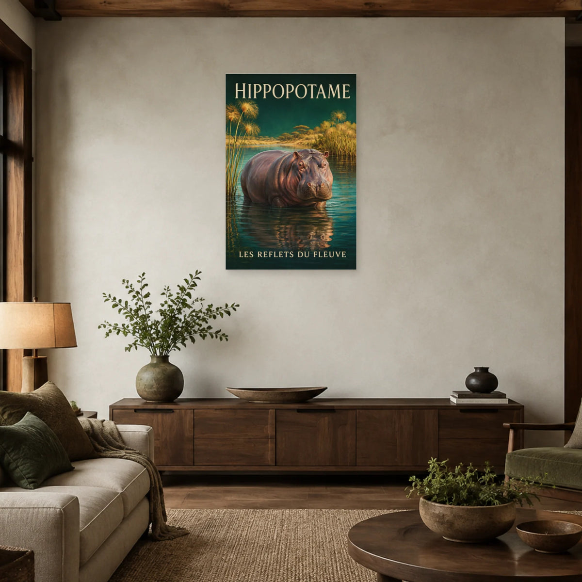 Affiche Hippopotame, les reflets du fleuve dans un salon - Art Virtuoso