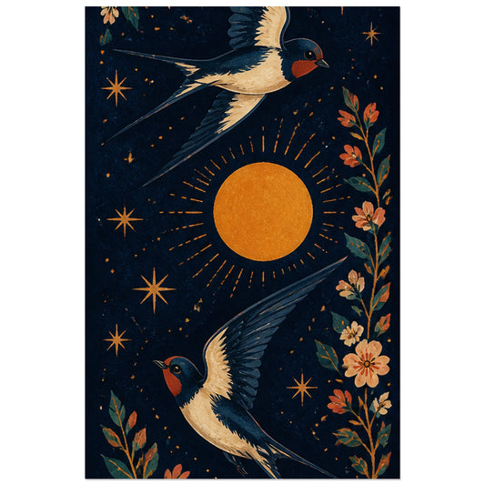 Hirondelles et soleil ocre sur ciel étoilé, affiche 30 × 45 cm