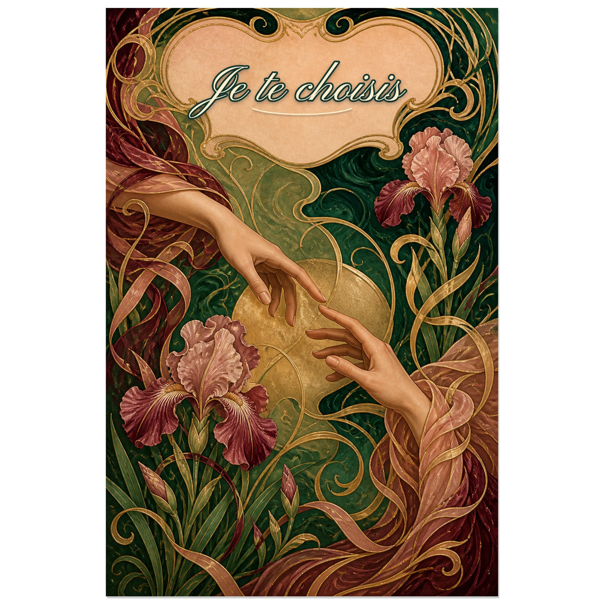Affiche Je te choisis - Histoire d’amour, illustration décorative florale aux ornements art nouveau verticale, format 30 × 45 cm