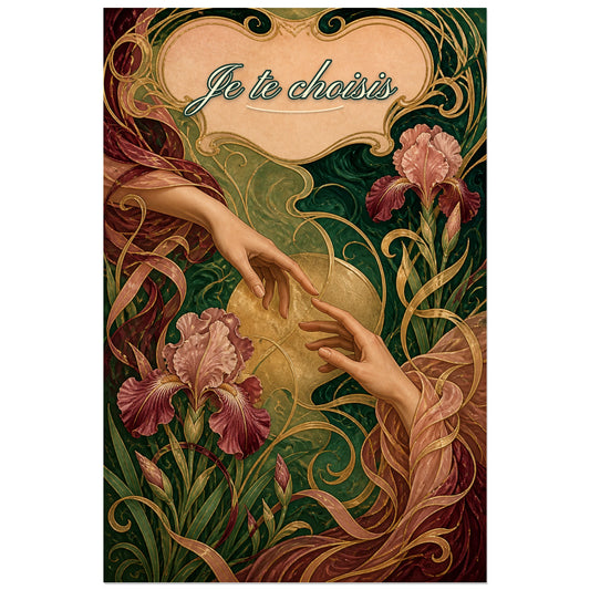 Affiche Je te choisis - Histoire d’amour, illustration décorative florale aux ornements art nouveau verticale, format 30 × 45 cm